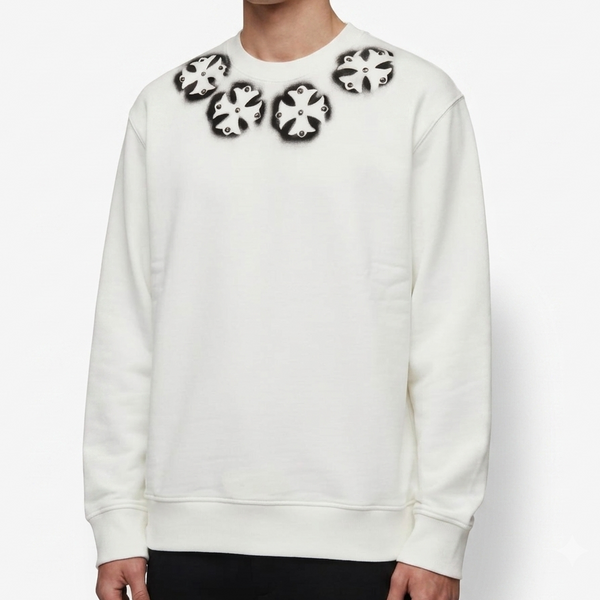 Premium White Graphic Sweatshirt for Men – Floral Cross Print Crewneck t-Shirt