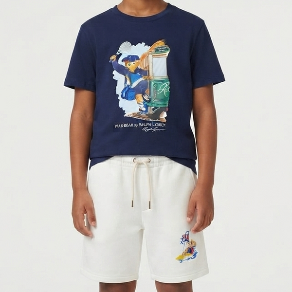 Kids Navy Blue Graphic Printed T-Shirt with White Shorts Co-ord Set