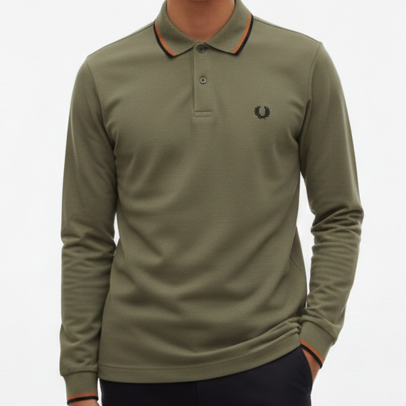 Men’s Olive Green Long-Sleeve Polo T-Shirt with Classic Collar