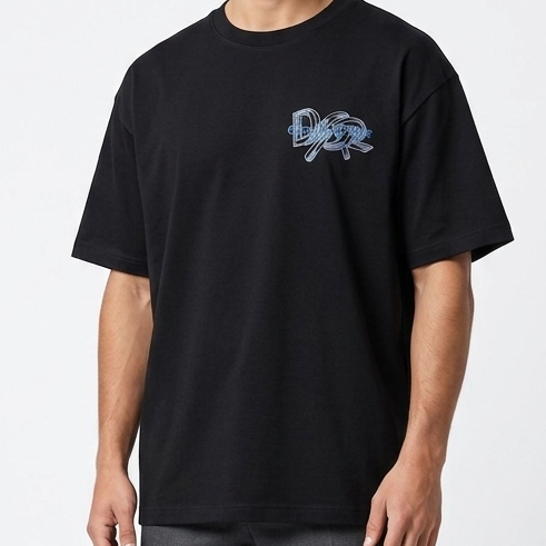 Imported Men's Premium Black Embroidered  Logo Crew Neck Oversized T-Shirt