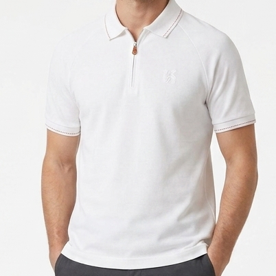 Luxury Designer White Half-Zip Polo Shirt  For Men