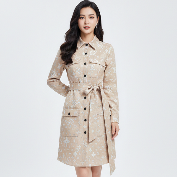 Designer Inspired Beige Monogram Shirt Dress with Waist Tie