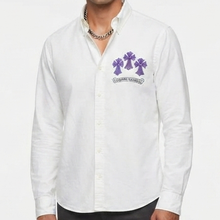 Men's Premium White Embroidered Button-Down Shirt with Gothic Cross Design
