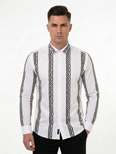 Men's Premium White Greek Pattern Designer Shirt