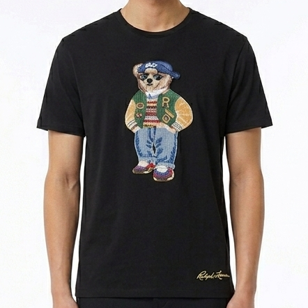 Luxury Elegant Men Black Crew Neck T-Shirt with Bear Graphic