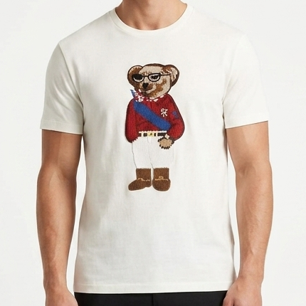 Premium White Crew Neck T-Shirt with Bear Graphic