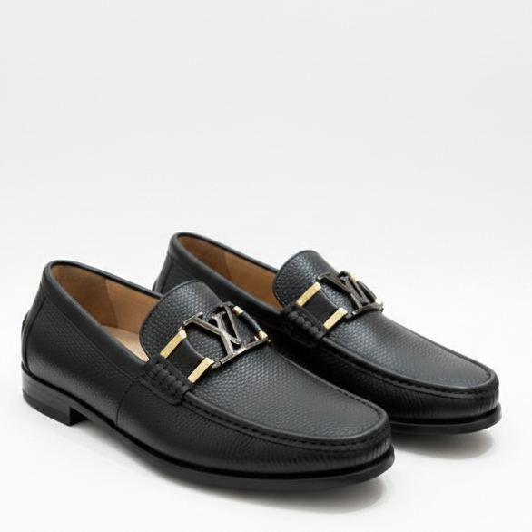 Men’s Premium Black Leather Loafers with Elegant Metal Buckle