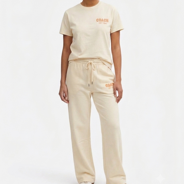 Women's Premium Cream Co-Ord Lounge Set  T-Shirt & Wide-Leg Track Pants