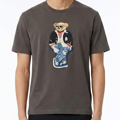 Men Charcoal Graphic Crew Neck T-Shirt with Bear Design