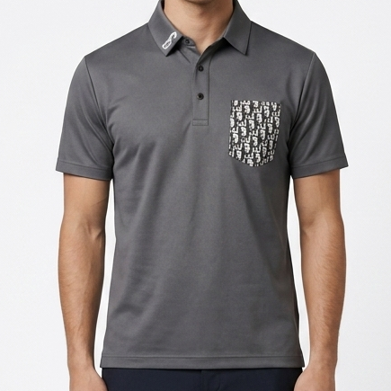Premium Grey Designer Polo T-Shirt with Monogram Pocket Detail