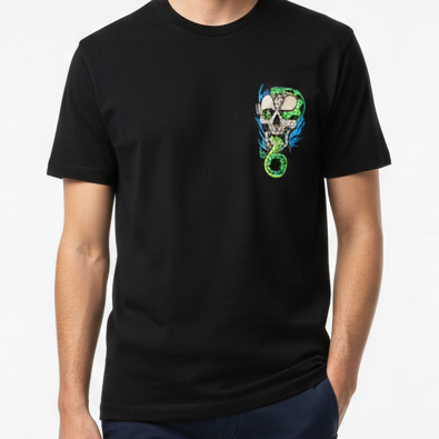 Black Graphic T-Shirt with Skull & Snake Artwork