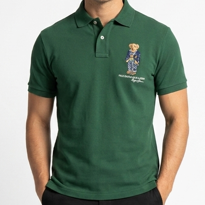 Men's Premium Dark Green Polo T-Shirt Classic  Polo with Bear Embroidered