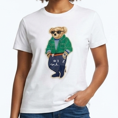 Women's Cute Bear Embroidered T-Shirt  Casual Round Neck Short Sleeve Tee