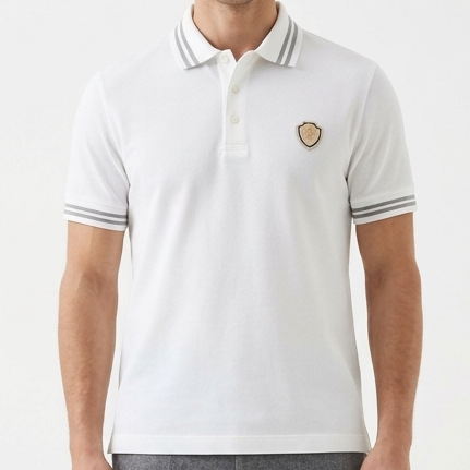 Premium Polo T-Shirt with Striped Collar and Embroidered Chest Badge