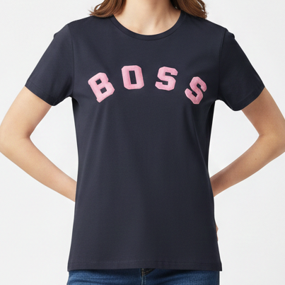 Women’s Navy Blue T-Shirt with Pink Logo Print Smart Casual Style