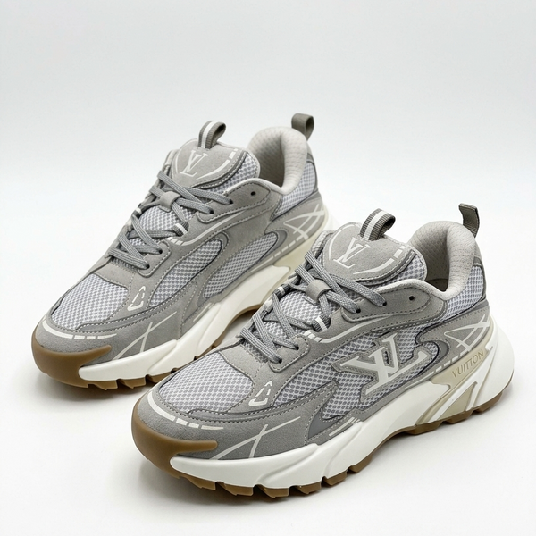 Chunky Sneakers – Grey Mesh & Suede Lace-Up Running Style Shoes with Thick Sole