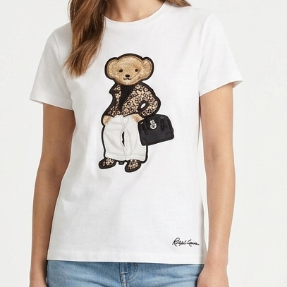 Luxury Imported  Teddy Bear Embroidered T-Shirt for Women