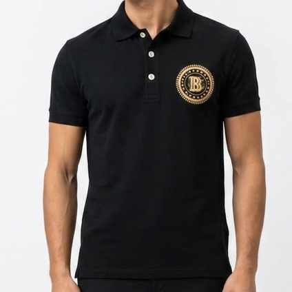 Man wearing a black polo shirt with a logo and black pants on a white background