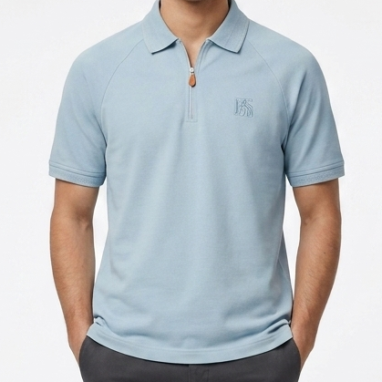 Premium Modern Fit Sky blue  Zip-Collar Polo T-Shirt for Men