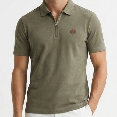 Men's Premium Olive Green Zip Polo T-Shirt With Embroidered Logo