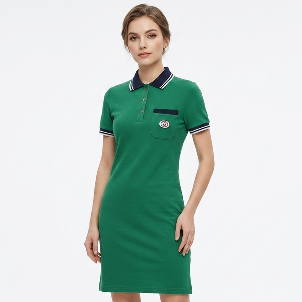 Women's Elegant Green Polo Collar Midi Dress – Smart Casual Comfort Wear