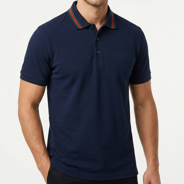 Men’s Navy Blue Premium Polo T-Shirt with Signature Stripe Collar