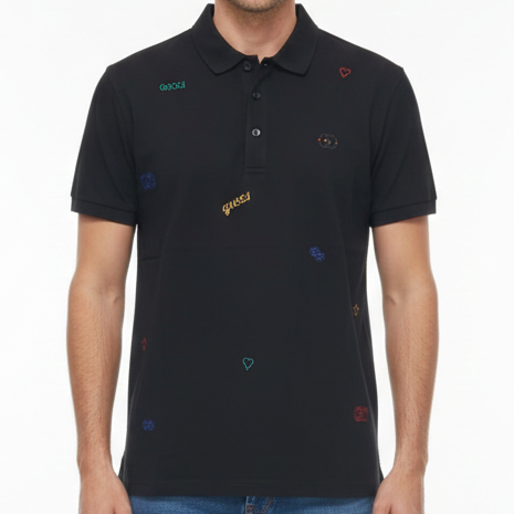 Premium Black Designer Polo T-Shirt with All-Over Logo Detail
