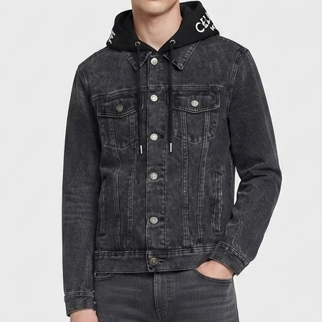 Men Premium Black Denim Jacket with Hood & Signature Collar