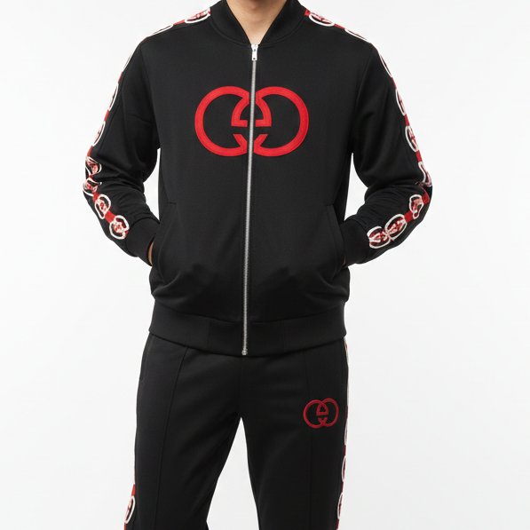 Men Premium Tracksuit – Black with Red Emblem Detailing