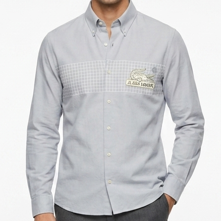 Luxury Grey Button-Down Shirt  Modern Grid Logo Casual Wear