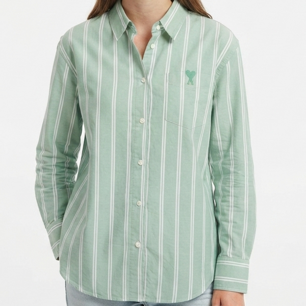 Women's Premium Green & White Striped  Shirt Classic Full Sleeve Button-Up