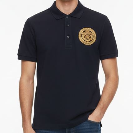 Luxury Navy Blue Polo Shirt with Gold Emblem Premium Designer Style