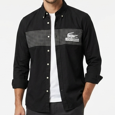 Premium Black Button-Down Shirt – Modern Grid Logo Casual Wear