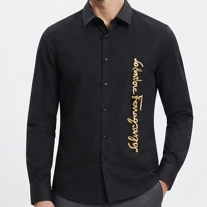 Men’s Black Full-Sleeve Shirt with Stylish Golden Embroidered Logo