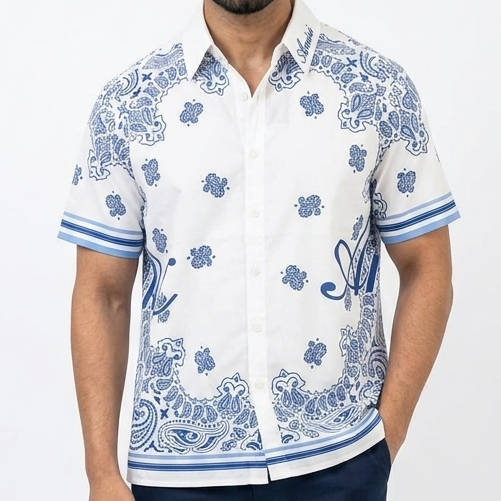 Premium Men's White & Blue Paisley Print Half Sleeve Shirt Stylish Casual Button-Down Shirt