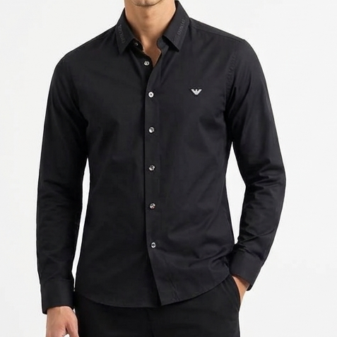 Elegance Regular Fit Black Formal Shirt with Logo Patch & Branded Collar