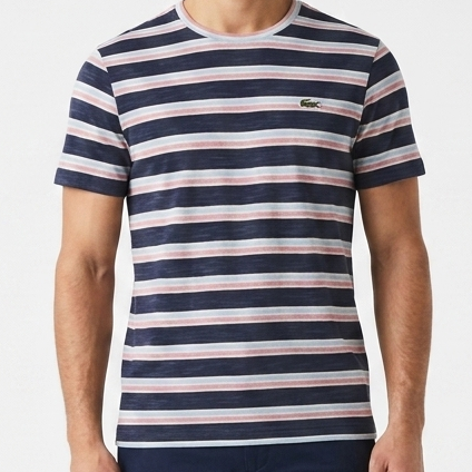 Men Navy Blue & White Striped Crew Neck Half Sleeve T-Shirt