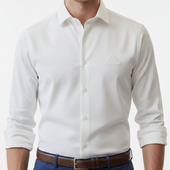 Men’s White Solid Full-Sleeve Casual Shirt with Premium Logo Detail