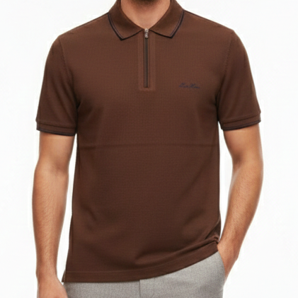 Premium Branded Brown Zip-Neck Polo T-Shirt