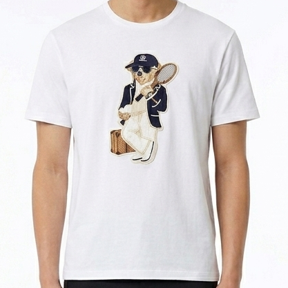 Imported White Crew Neck T-Shirt with Tennis Bear Graphic