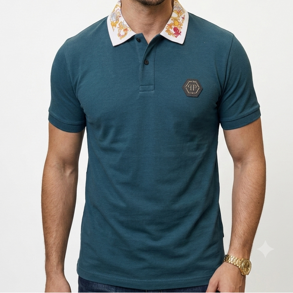 Premium Men's Teal Designer Polo T-Shirt With Embroidered Collar