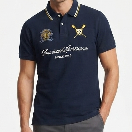 Men’s Navy Blue Printed Polo T-Shirt – Stylish Casual Sportswear Tee