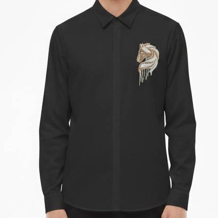 Luxury Black Embroidered Horse Motif Formal Shirt