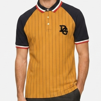 Men Mustard Pinstripe Polo T-Shirt Contrast Sleeve Casual Wear