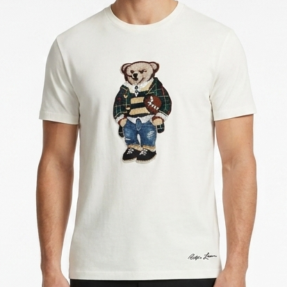 Premium  Men’s White Crew Neck T-Shirt with Stylish Bear Graphic