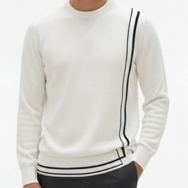 Men’s Navy Blue Premium Knit Sweater with Contrast Stripe Design
