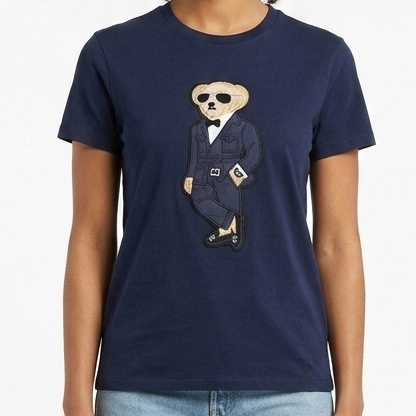 Women's Elegant Bear Embroidered Navy Blue T-Shirt