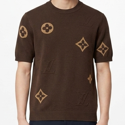 Men's Premium Brown Monogram Half Sleeve Knit Tee