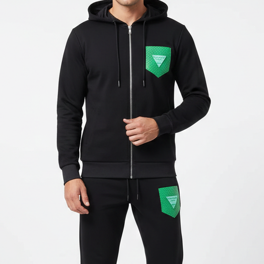 Black Premium Tracksuit with Green Textured Pocket Accents