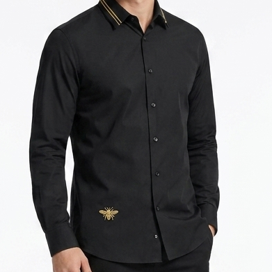 Luxury Black Designer Shirt with Gold Embroidered Collar Detail for Men